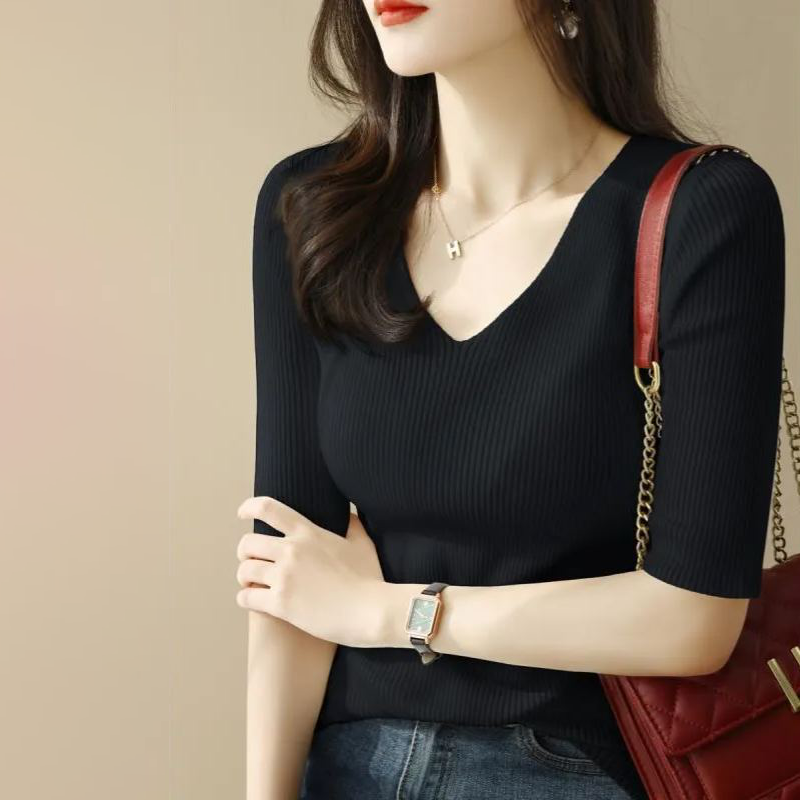 正肩V領修身針織衫五分袖T恤短袖-lululam