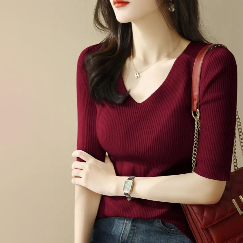 正肩V領修身針織衫五分袖T恤短袖-lululam