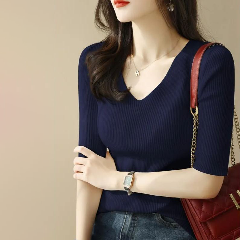正肩V領修身針織衫五分袖T恤短袖-lululam