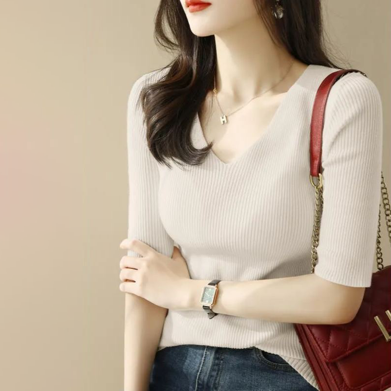 正肩V領修身針織衫五分袖T恤短袖-lululam