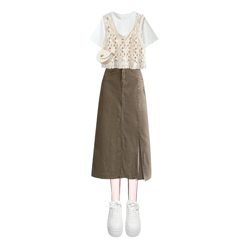 針織背心百搭T恤開叉牛仔半身裙三件套裝-lululam