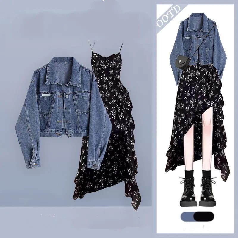 【單品/套裝】不規則碎花吊帶洋裝藍色牛仔短外套兩件套裝-lululam