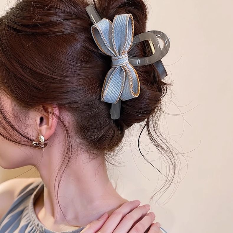 时尚牛仔蓝高级感鲨鱼夹蝴蝶结抓夹-lululam