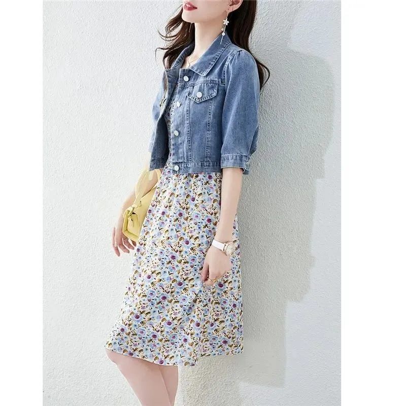 【單件/整套】韓版設計感短款牛仔外套+碎花吊帶連身裙兩件套裝