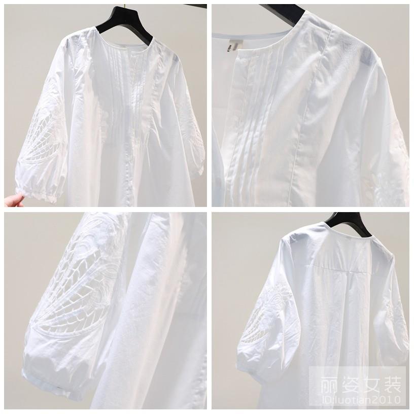 韓版純棉鏤空繡花清新寬鬆中袖襯衫-lululam