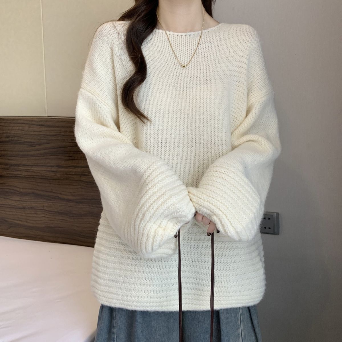 寬松燈籠袖大碼中長款軟糯慵懶風針織毛衣-lululam