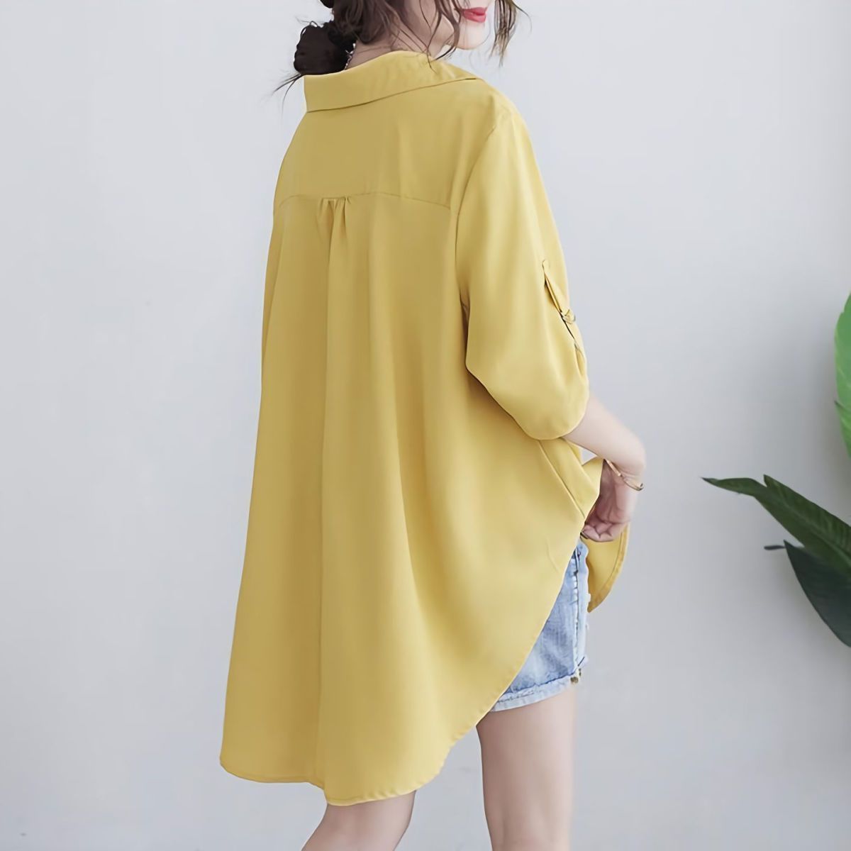 中長款大碼寬鬆收腰顯瘦短袖雪紡衫-lululam