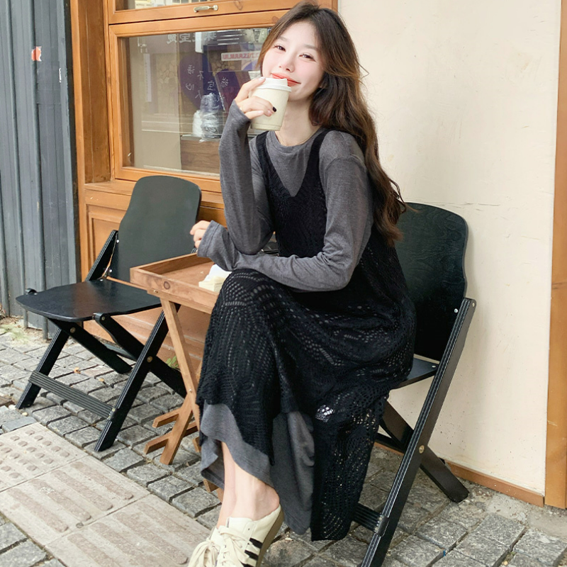 【單件/套裝】鏤空罩衫慵懶寬鬆連身裙兩件套裝-lululam