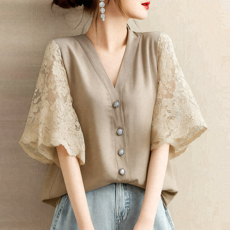 日系時尚拼接v領蕾絲氣質五分短袖-lululam