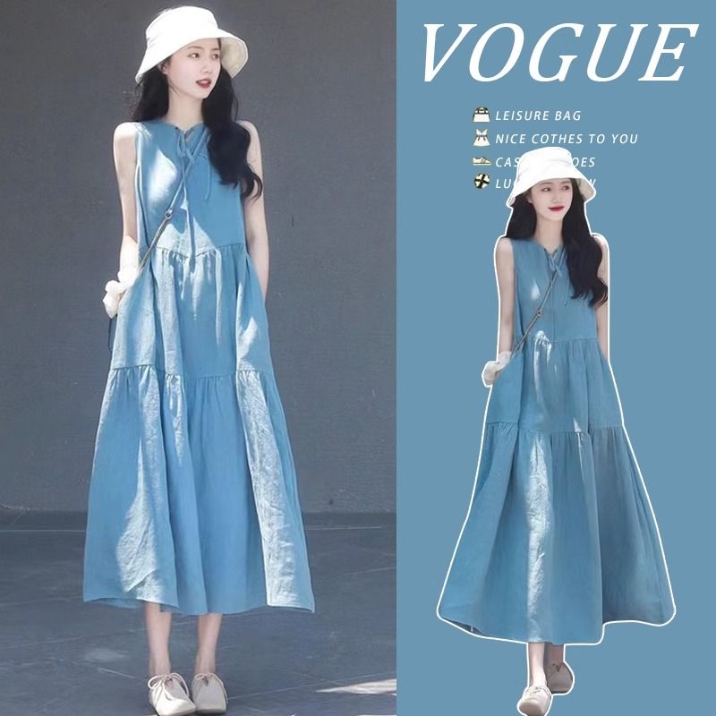 韓系甜美法式半開領長裙無袖洋裝-lululam