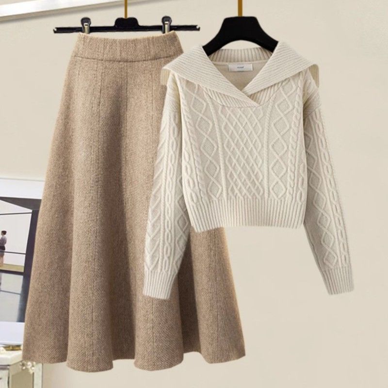 【單件/套裝】慵懶風娃娃領麻花毛衣+高腰A字針織半身裙兩件套