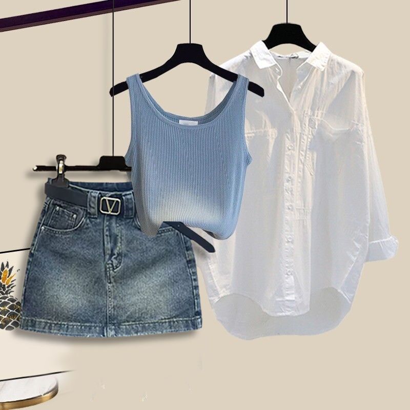 【單件/套裝】韓版百搭襯衫背心顯瘦牛仔裙三件套裝-lululam