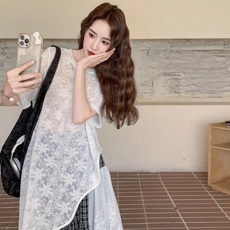 【單件/套裝】高級設計感蕾絲衫+黑白格半身裙兩件套裝-lululam