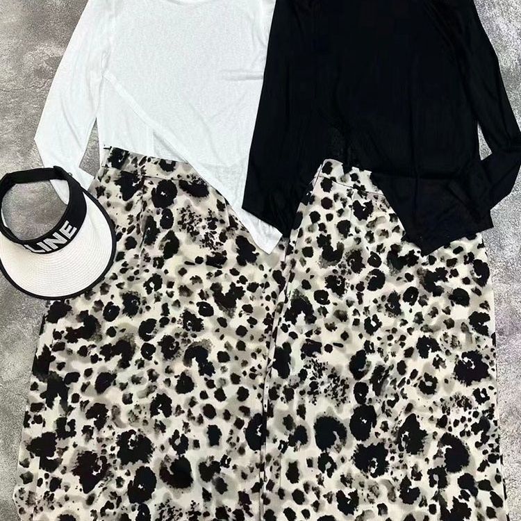 【單件/套裝】時尚不規則防曬長袖T恤+豹紋半身裙兩件套裝-lululam