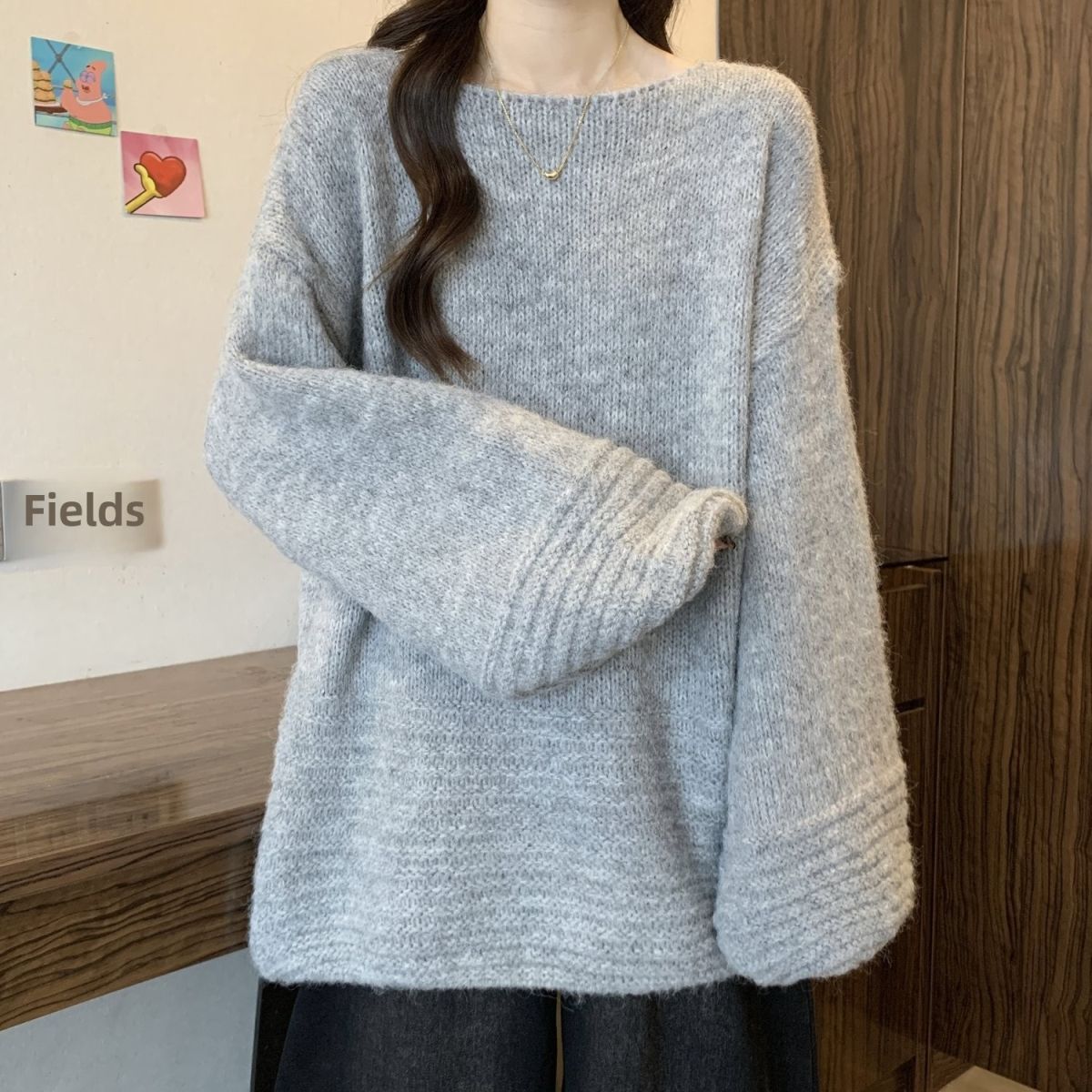 寬松燈籠袖大碼中長款軟糯慵懶風針織毛衣-lululam