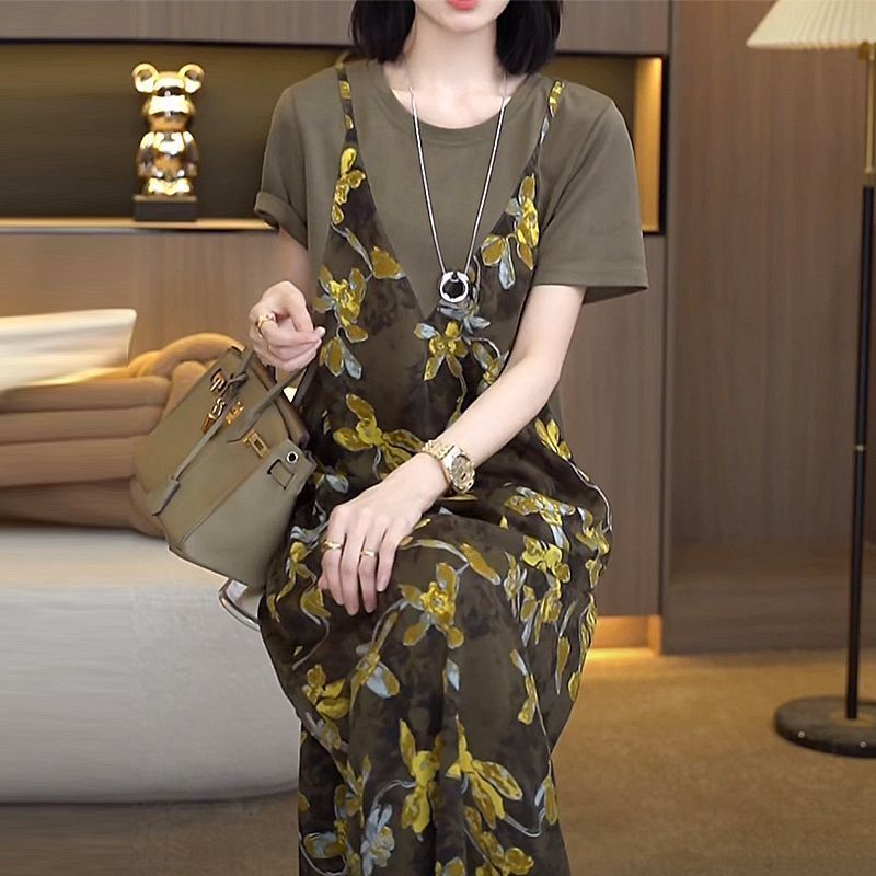 小香風有口袋吊帶假兩件大碼顯瘦過膝洋裝