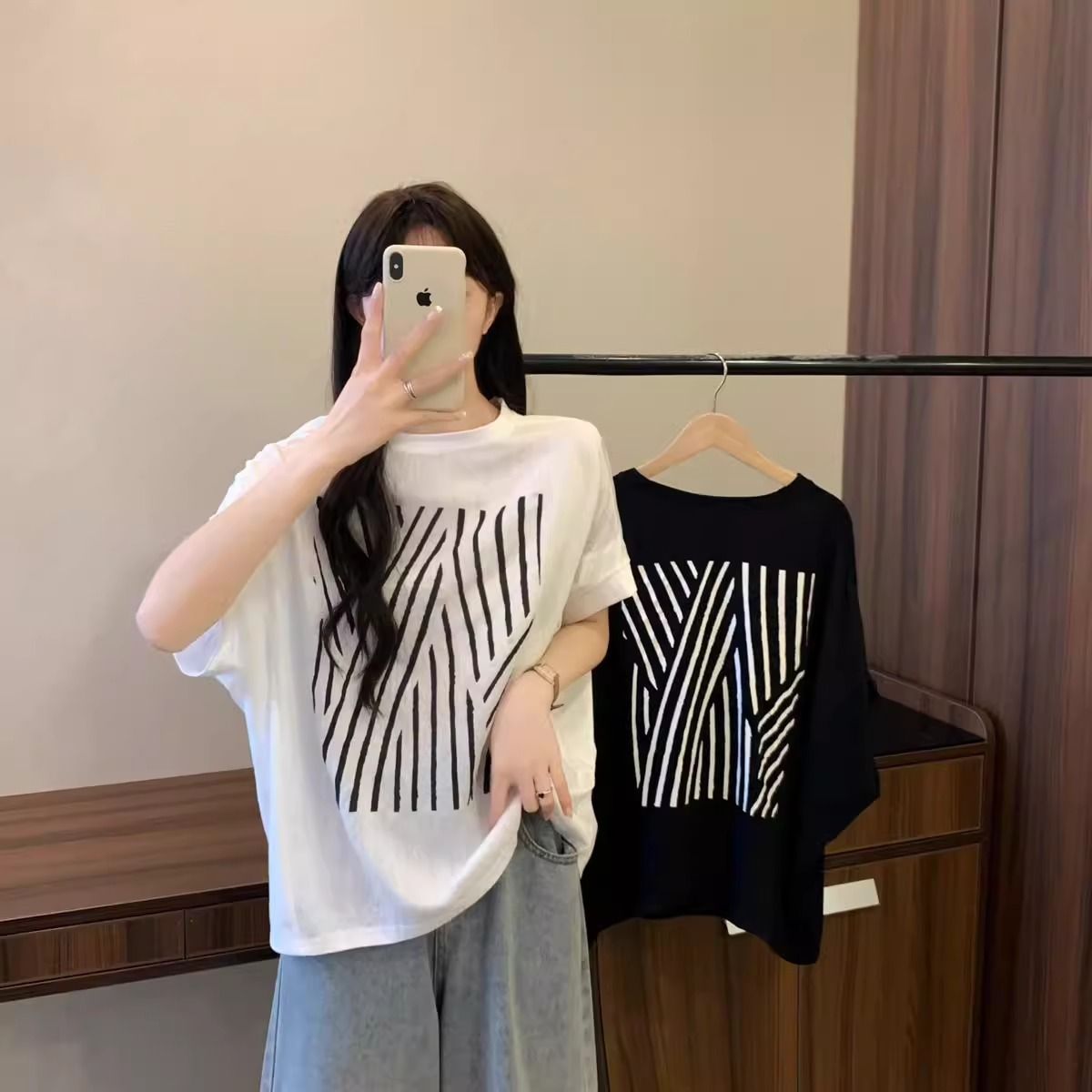 蝙蝠袖正肩顯瘦竹節冰絲印花短袖T恤-lululam