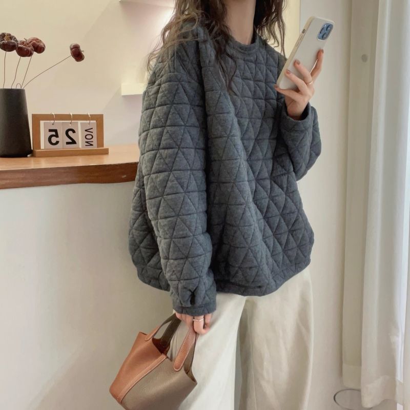 慵懶風加厚保暖寬鬆菱格夾棉上衣