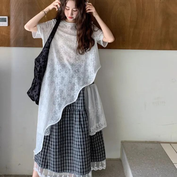 【單件/套裝】高級設計感蕾絲衫+黑白格半身裙兩件套裝-lululam