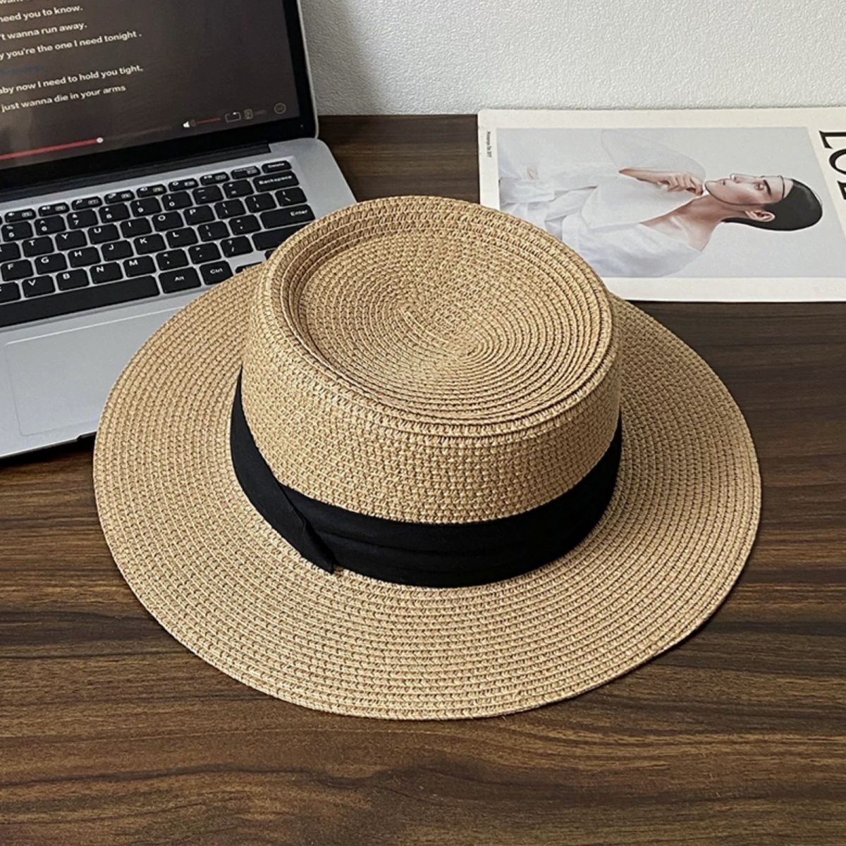 赫本風法式平頂草帽大帽檐遮陽防曬帽度假沙灘帽-lululam