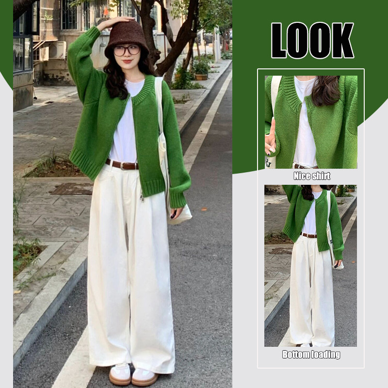 【單件/套裝】韓版針織開衫+打底衫+牛仔褲三件套