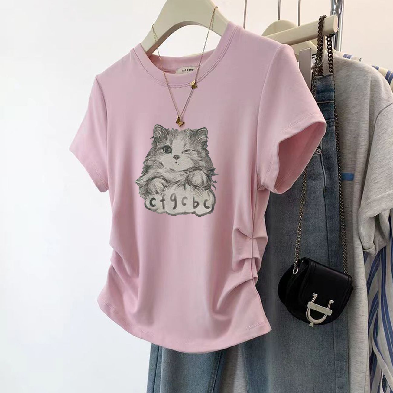 貓咪印花正肩小眾修身顯瘦短袖t恤