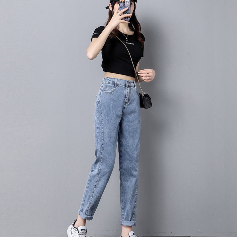 微喇型鬆緊高腰港風顯瘦小脚哈倫牛仔褲-lululam