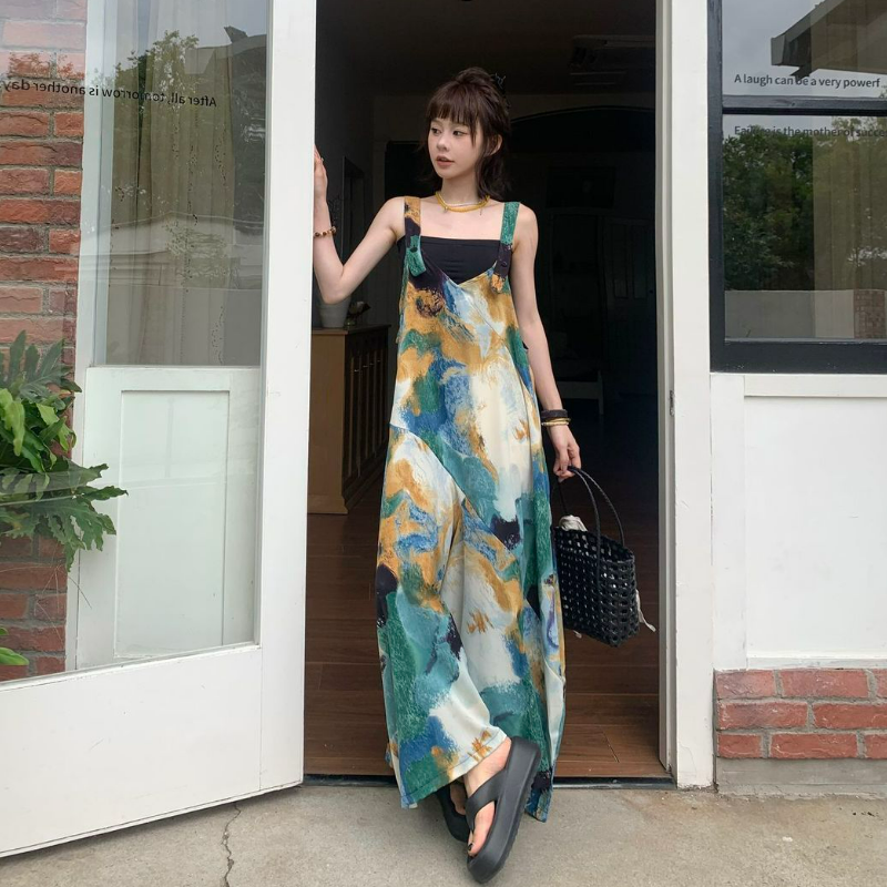 清涼顯白海島藍V領寬鬆闊腿背帶連體褲-lululam