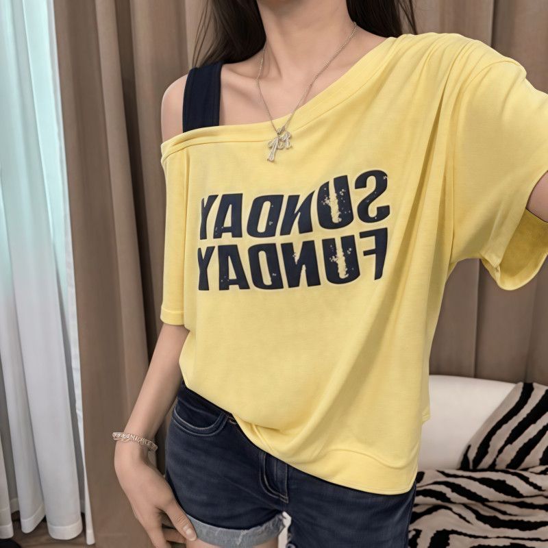 韓版時尚寬鬆顯瘦斜肩吊帶撞色字母短袖T桖-lululam