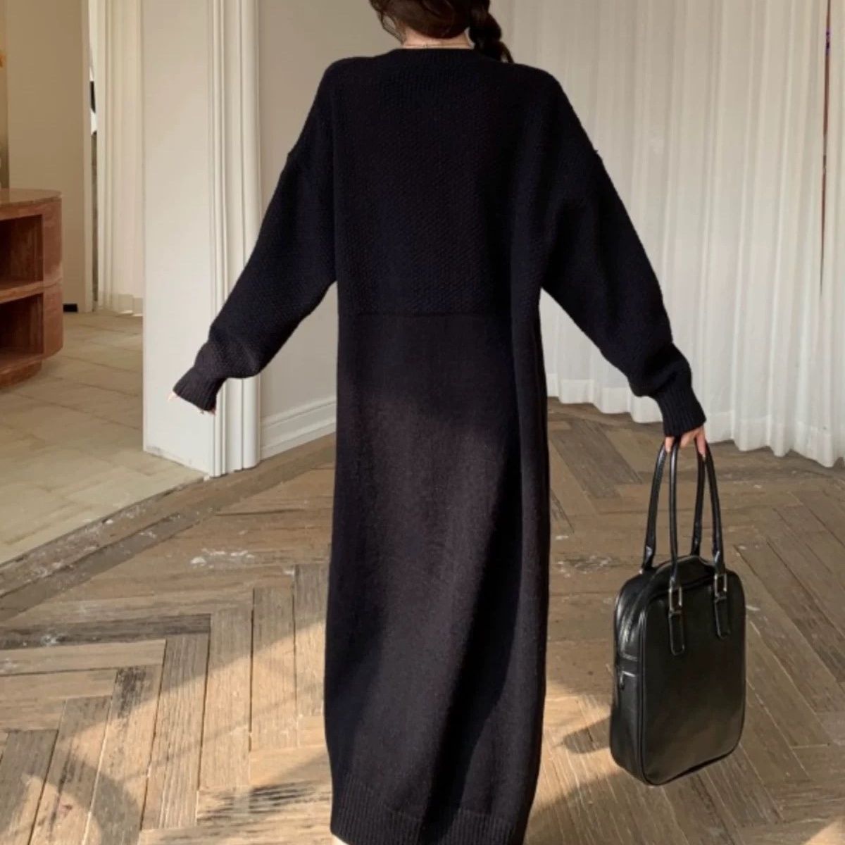 韓版慵懶寬鬆圓領針織開衫連衣裙