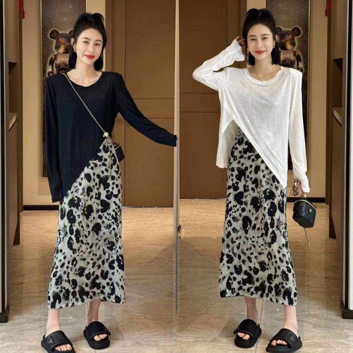 【單件/套裝】時尚不規則防曬長袖T恤+豹紋半身裙兩件套裝-lululam