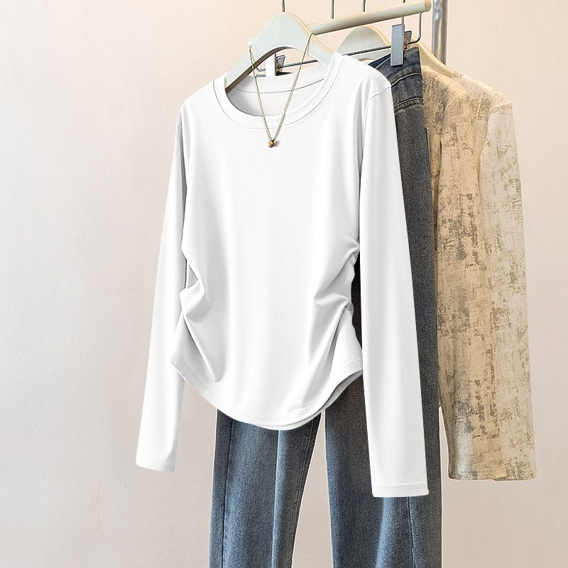 設計感褶皺收腰百搭修身圓領打底長袖T恤-lululam