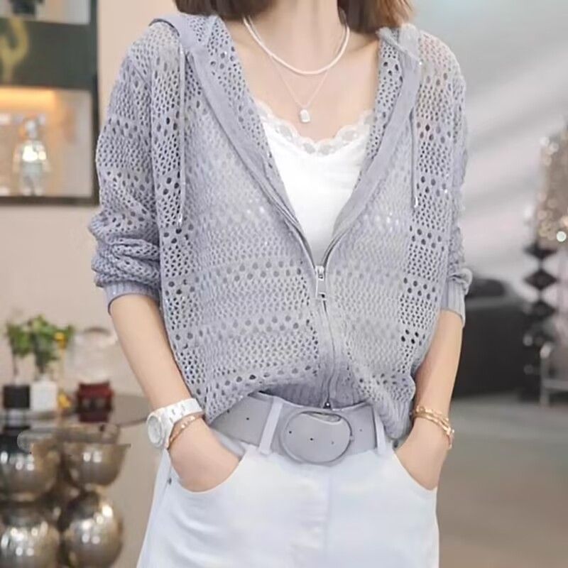 休閒長袖寬鬆連帽鏤空拉鏈開衫