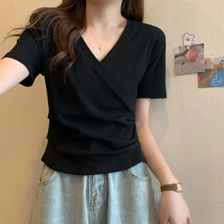 正肩純棉設計感交叉修身顯瘦短袖T恤-lululam
