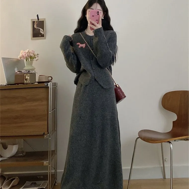 【整套】韓系減齡圓領學院風針織開衫+半身裙兩件套裝