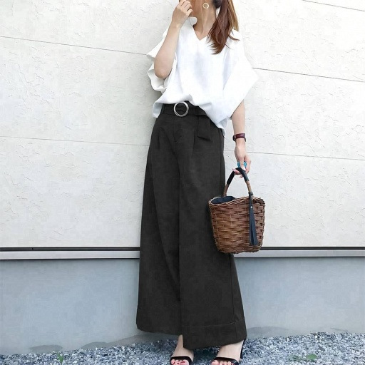 【套裝】日系v領蝙蝠中袖T恤+闊腿長褲兩件套裝-lululam