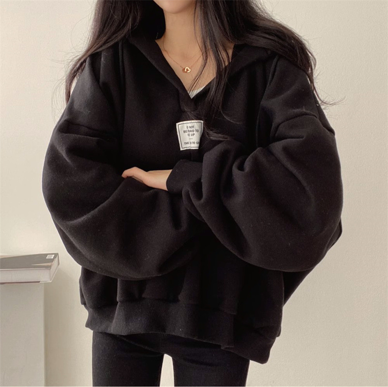 大碼寬鬆V領時尚潮流韓版百搭薄款連帽T