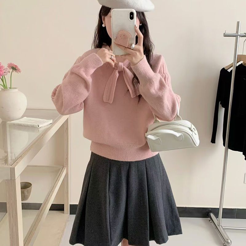 新款小香風立體蝴蝶結溫柔軟糯百搭針織衫