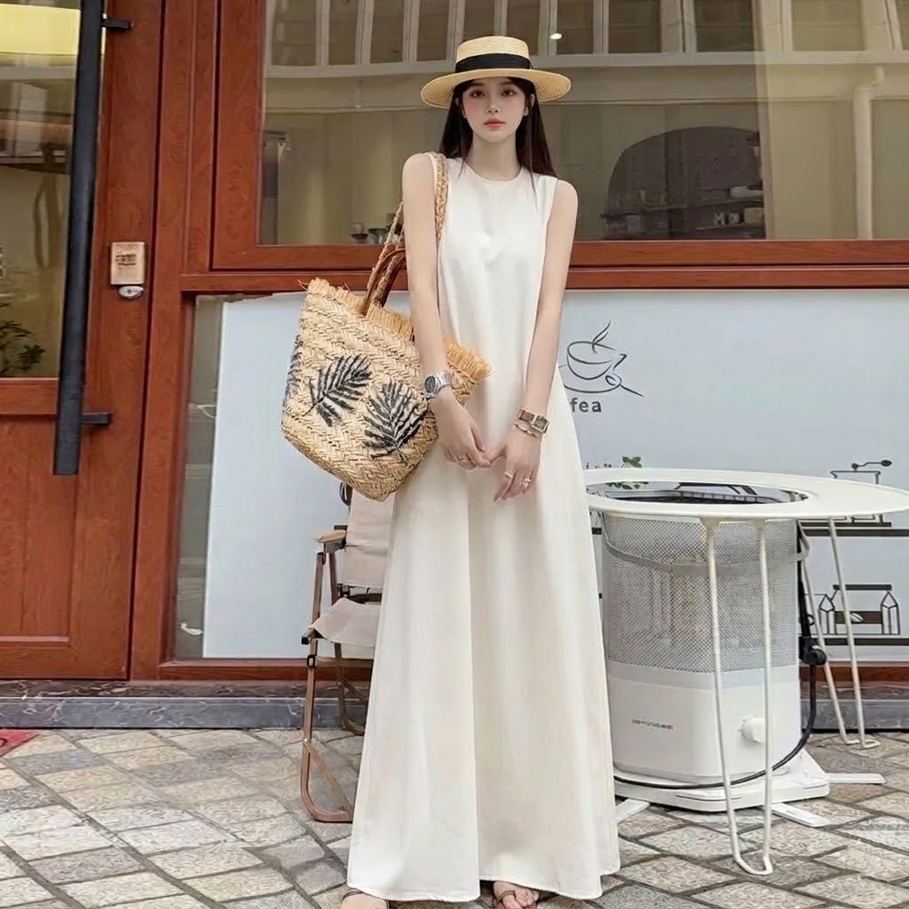 高級感甜酷風小眾A字氣質無袖超長洋裝