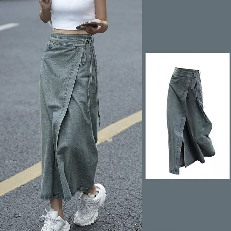 復古水洗牛仔高腰顯瘦設計開叉半身裙-lululam
