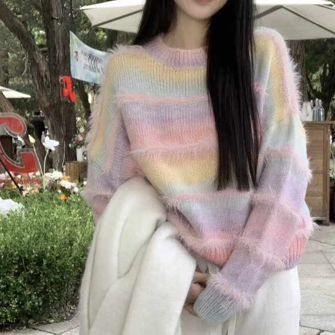 美拉德漸變條紋毛衣顯瘦軟糯針織衫