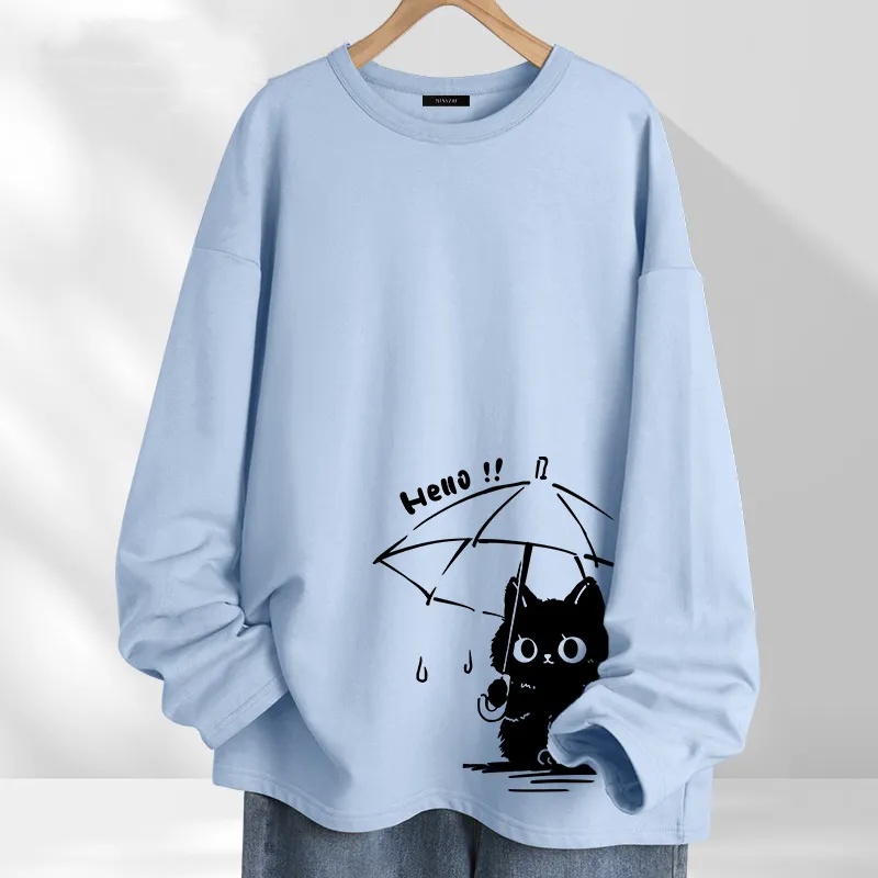 純棉薄款撐傘貓可愛圓領長袖T恤-lululam