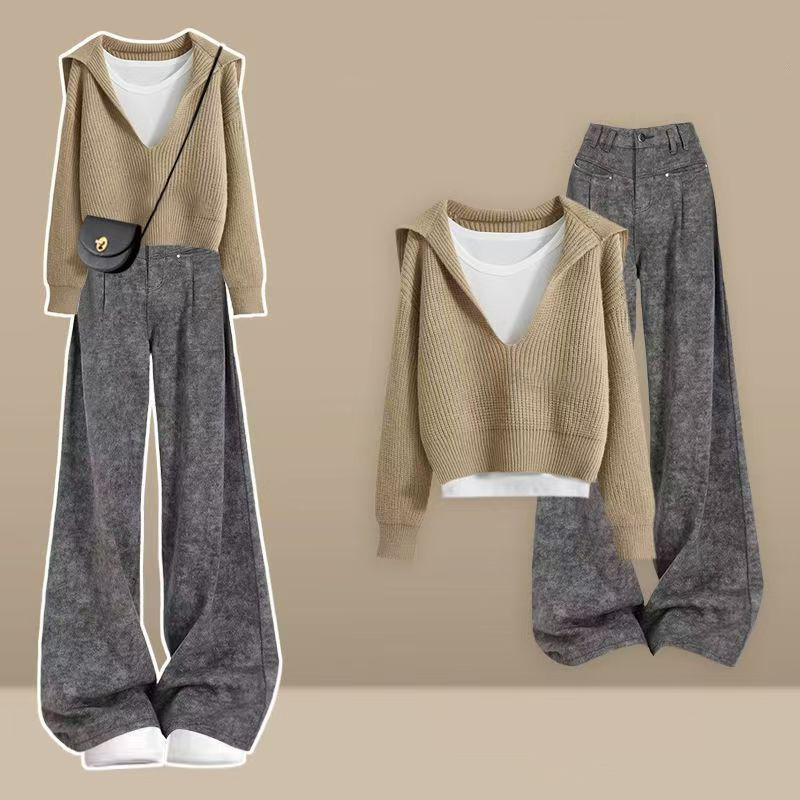 【單件/套裝】韓系休閒風時尚洋氣毛衣+背心+氣質灰色褲子三件套