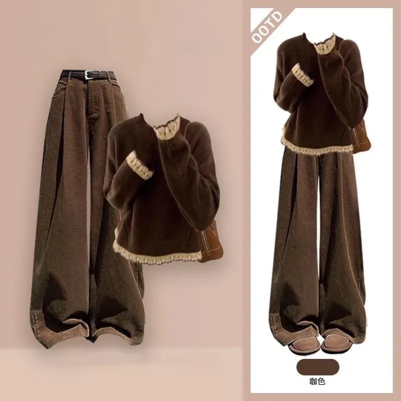 【單件/套裝】韓系拼接毛衣+休閒褲兩件套裝