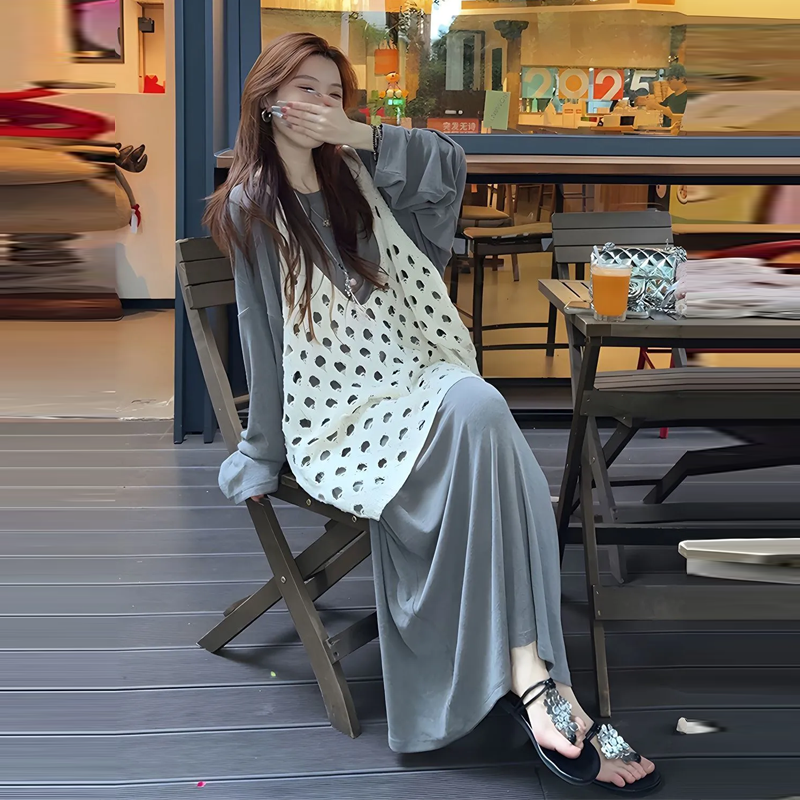 【單件/套裝】鬆弛感慵懶風鏤空馬甲連衣裙兩件套裝-lululam