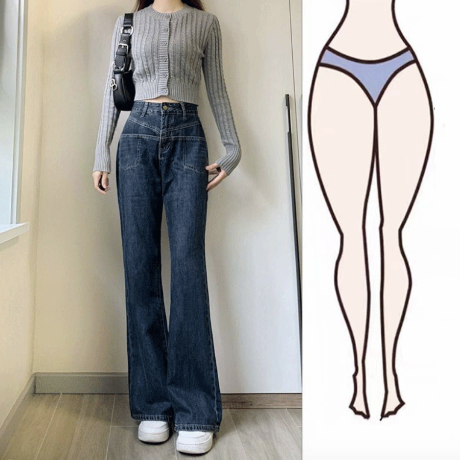 韓版百搭簡約顯瘦高腰微喇牛仔褲裝-lululam