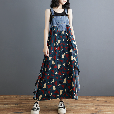 (10色)日系寬鬆設計感牛仔拼接印花背帶連身裙