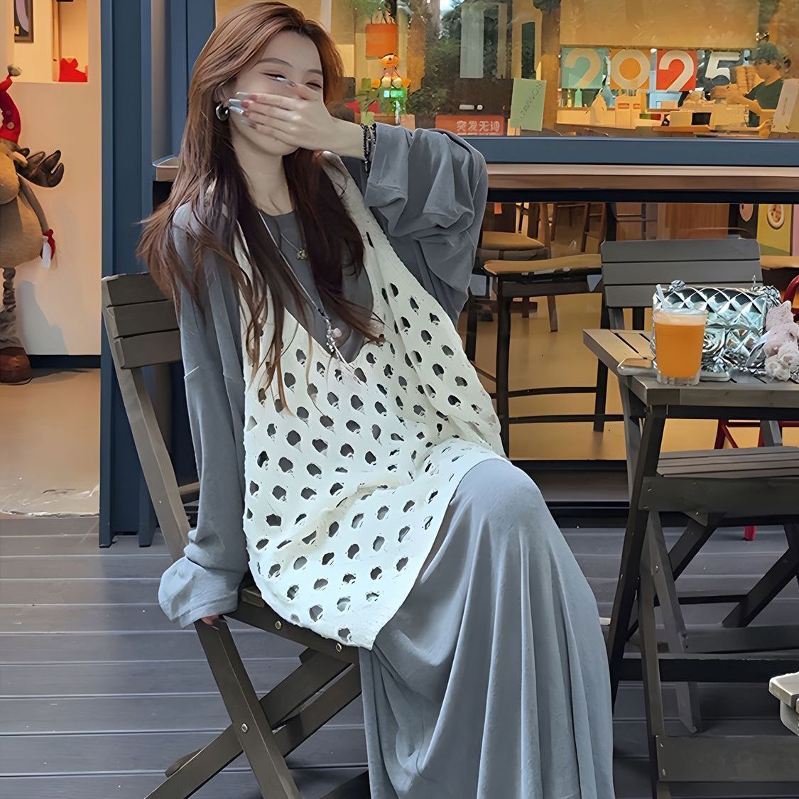 【單件/套裝】鬆弛感慵懶風鏤空馬甲連衣裙兩件套裝-lululam