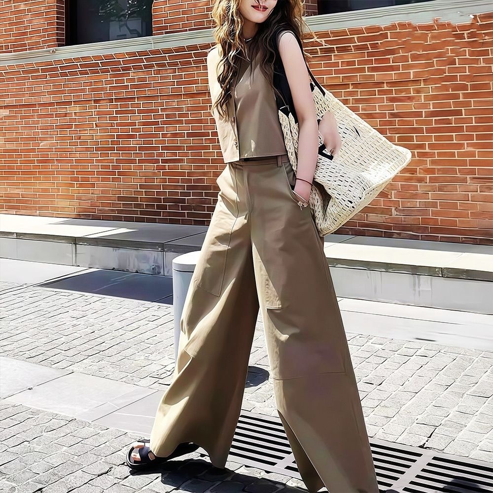 【單件/套裝】極簡設計兩穿無袖背心+寬鬆闊腿褲兩件套裝-lululam