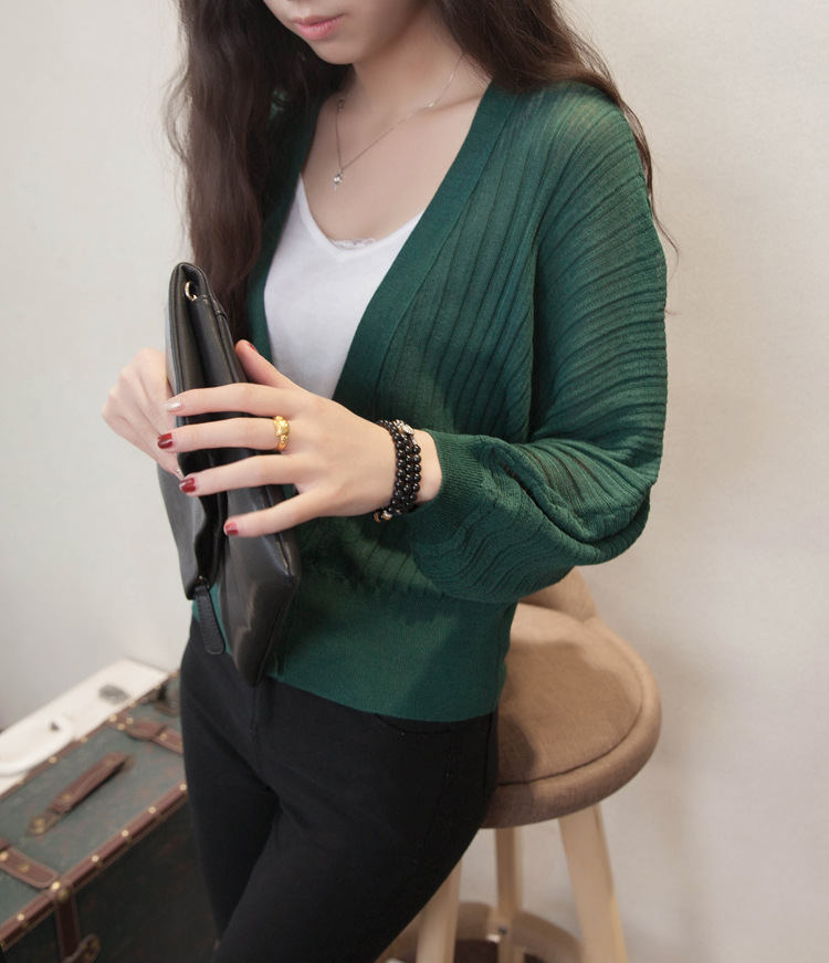 燈籠袖外搭V領寬鬆防曬衣空調披肩針織衫-lululam